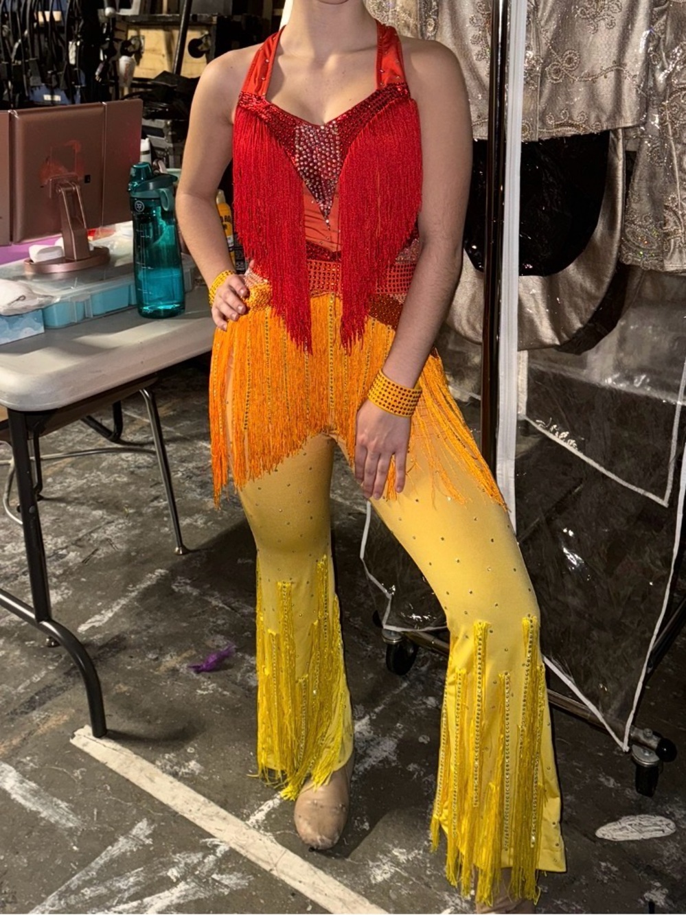 Red and Yellow Fringe Halter Jumpsuit - Performance Boot Flare disco magic